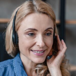 Call center, dispatcher, customer support service agent using headphones talking with clients